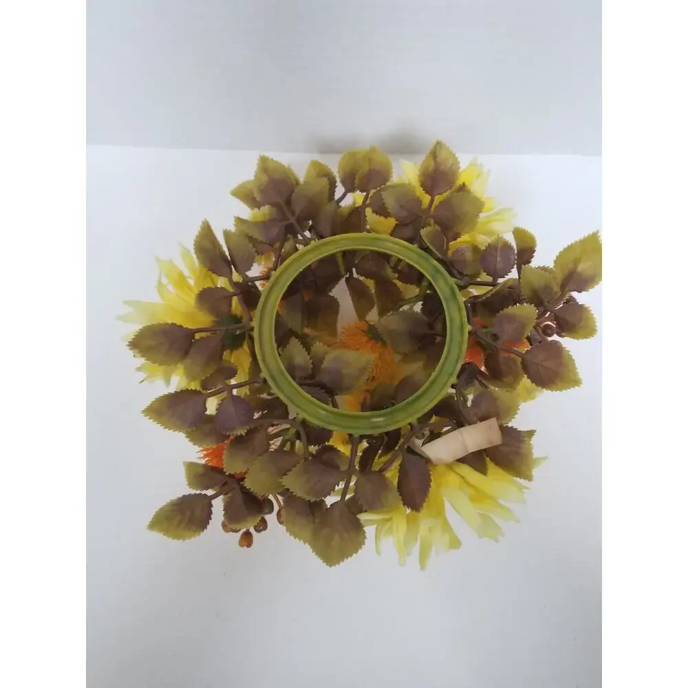 Vintage 70s Yellow and Orange Floral Plastic Candle Ring Summer Autumn 8in